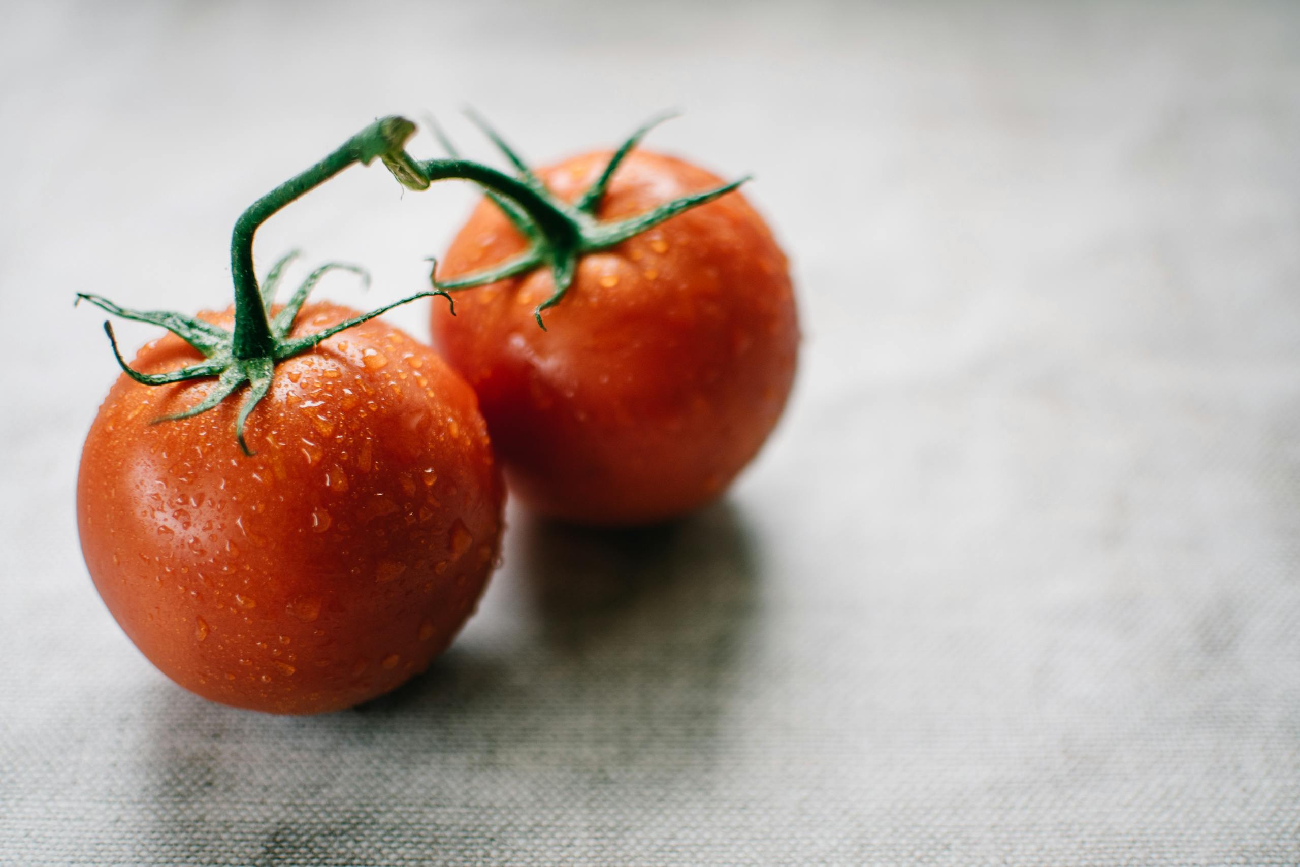 Close-up of fresh juicy tomatoes with water droplets on a textured surface, perfect for healthy living.